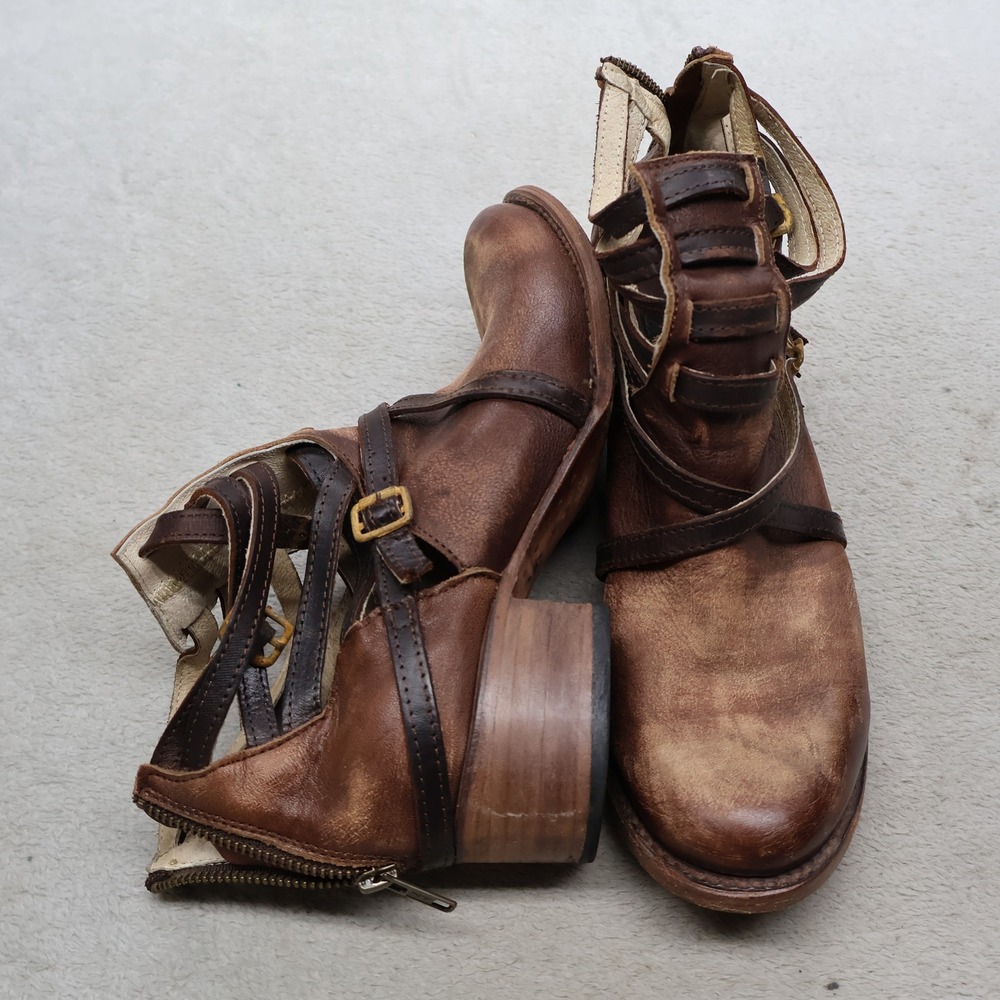 Freebird Womens 10 Ankle Boots Brown Leather Strappy Buckle Block Heel Bohemian
